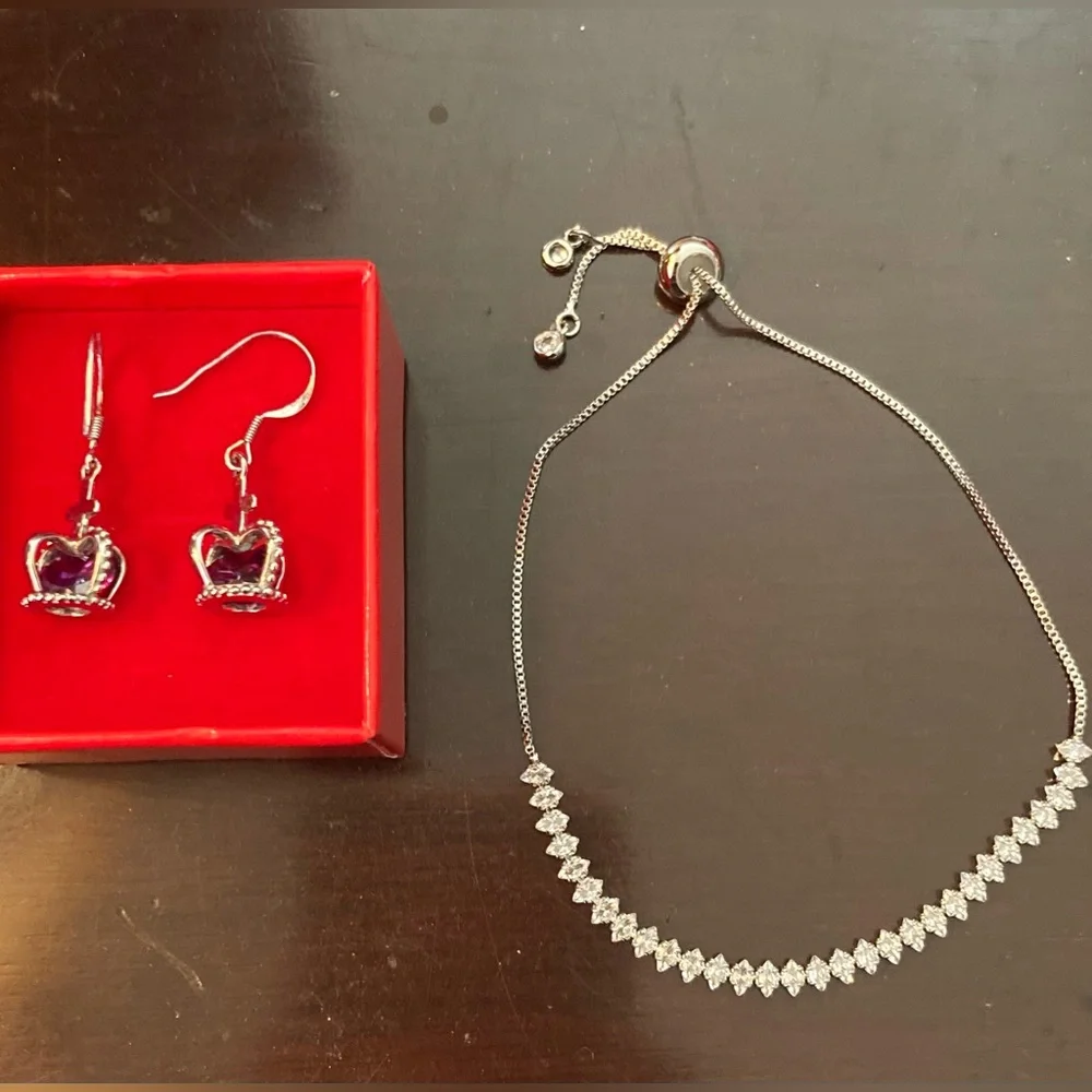 925 Silver Dangle Crown Earrings with Purple Jewels&Silver Toned CZ Bracelet - Picture 2 of 11
